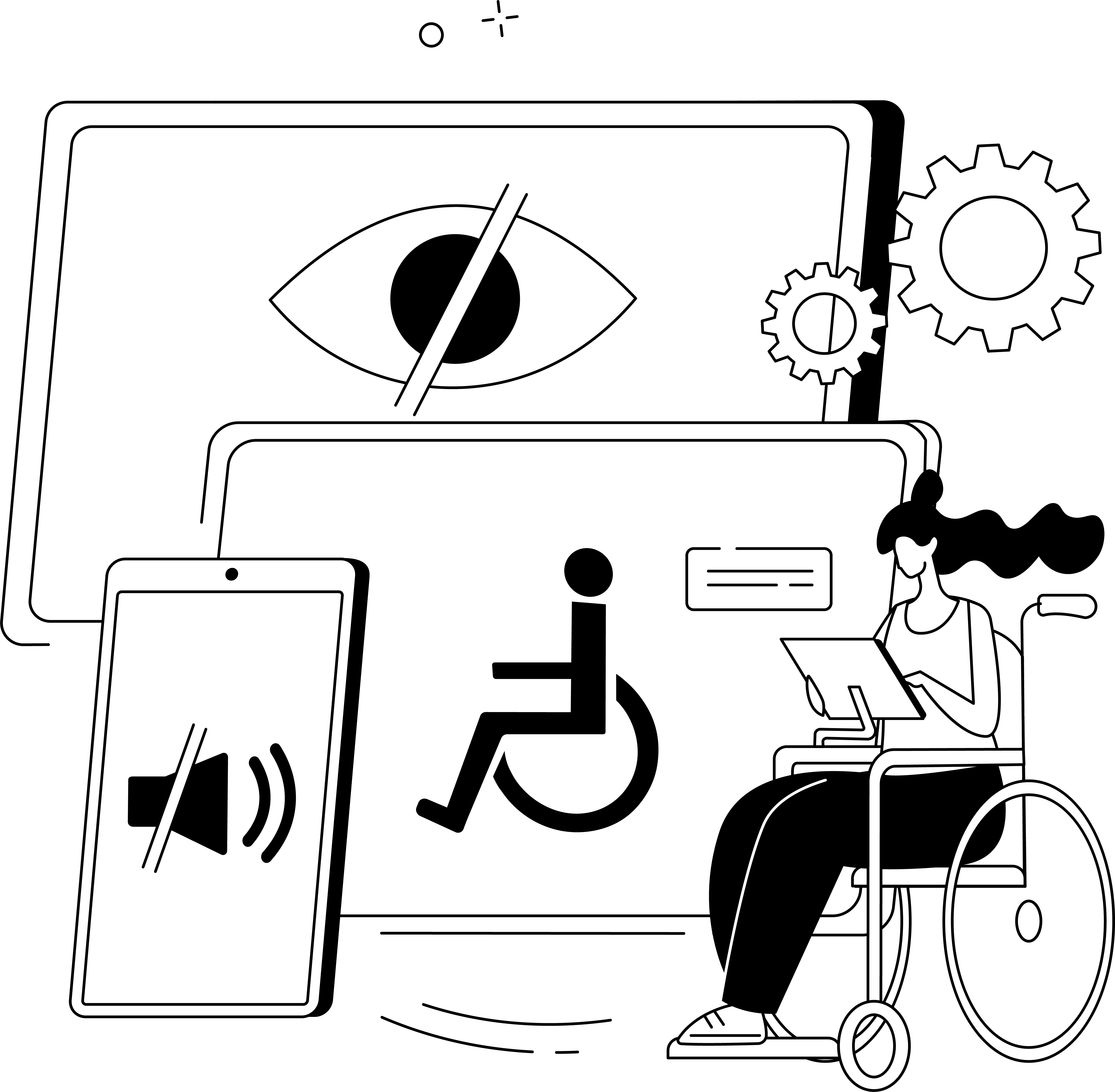 Grafik mit mehreren barrierefreien Icons auf einem Screen und einer Rollstuhlfahrerin